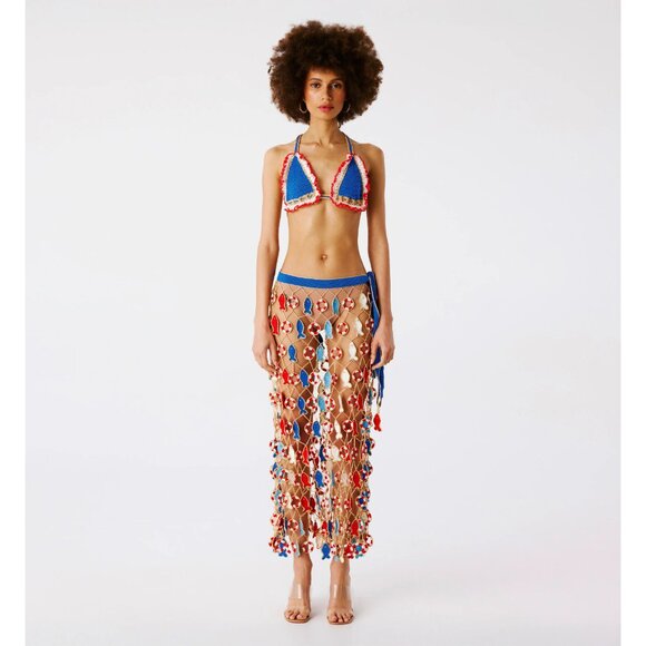 NWT My Beachy Side Poisson Knit Crochet Maxi Skirt Blue Fish Nautical Inner Tube - Picture 2 of 16